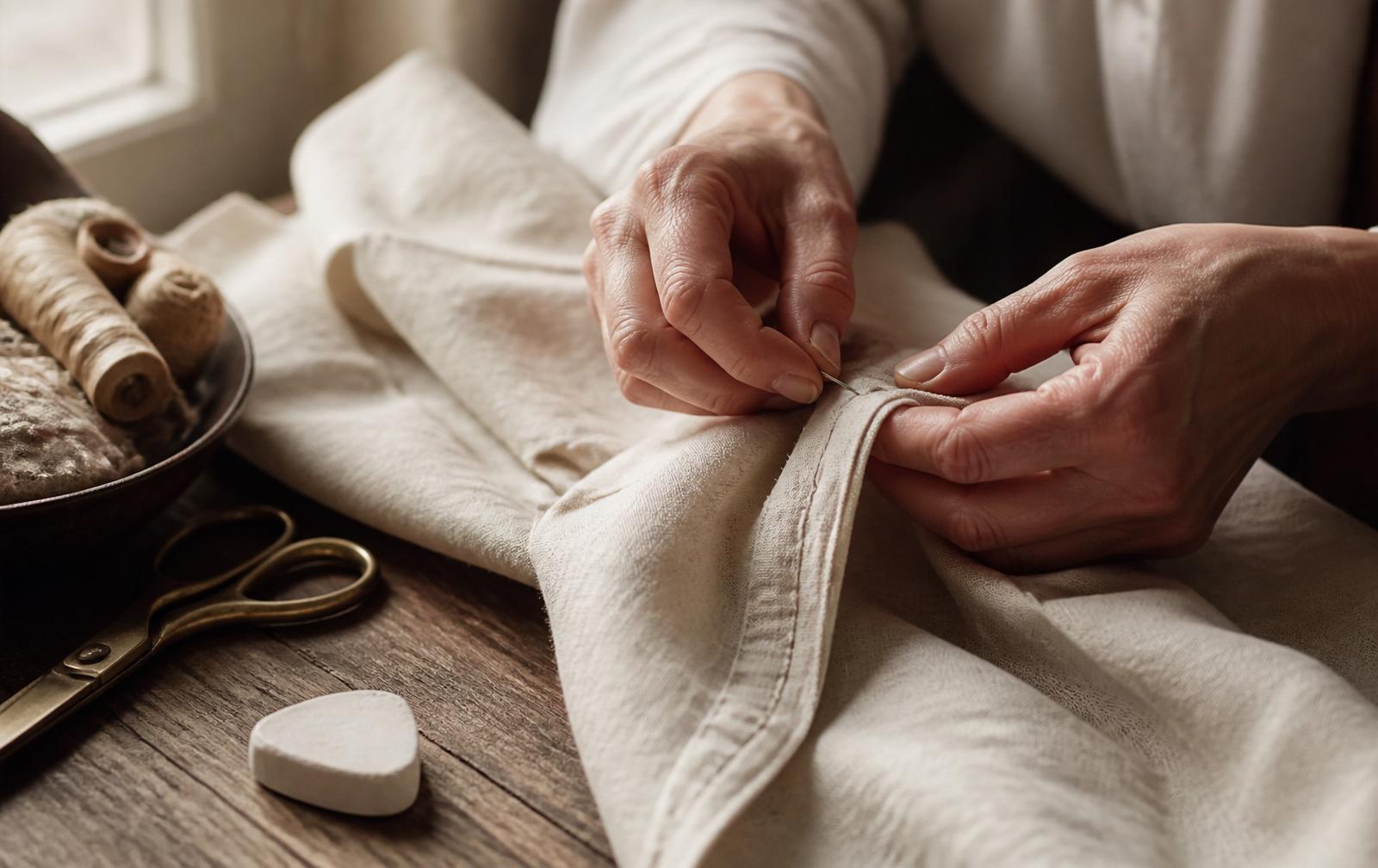 Hands hand-stitching a linen seam at an atelier workbench