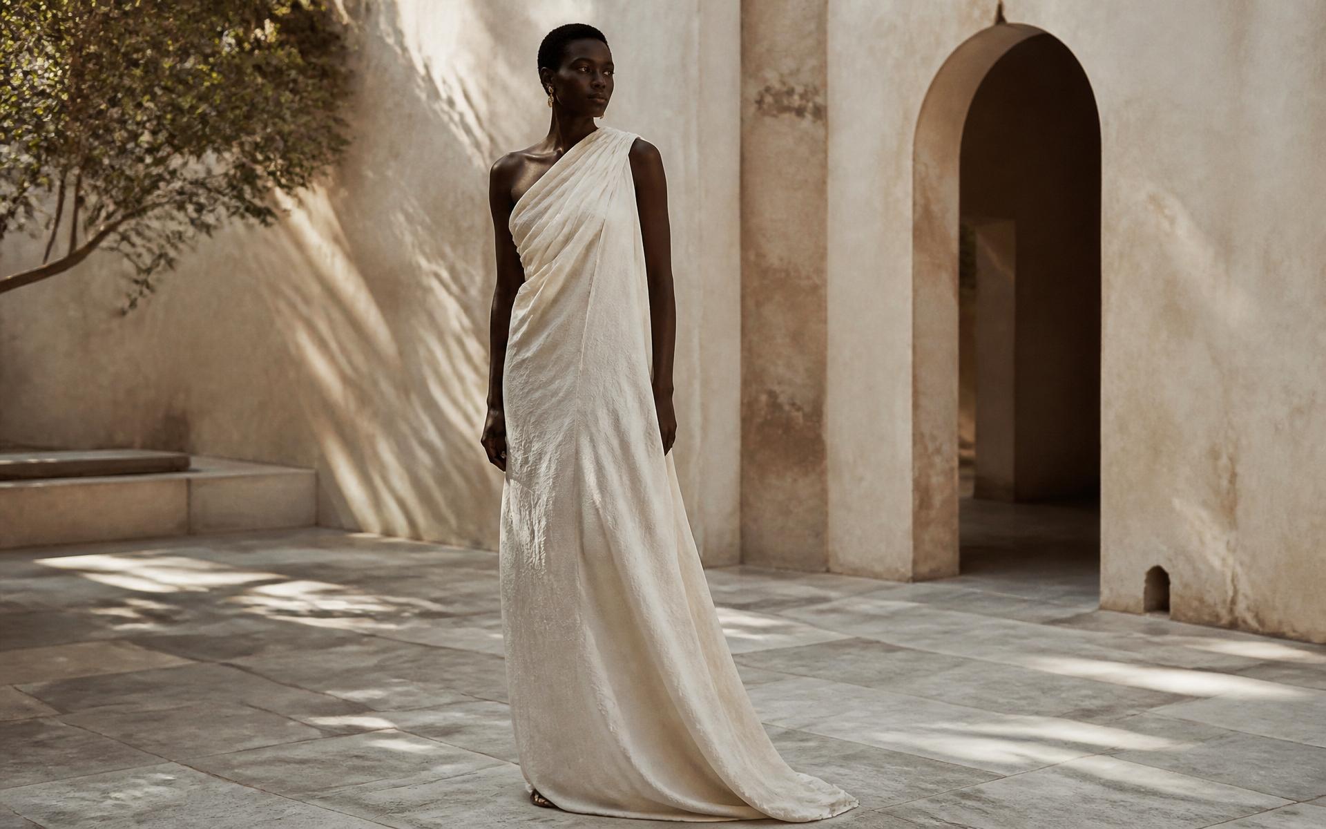 A model in a floor-length ivory linen gown standing in a sunlit stone courtyard