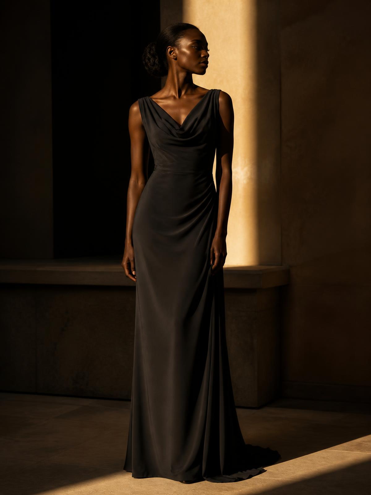 Editorial look three — charcoal crepe evening gown