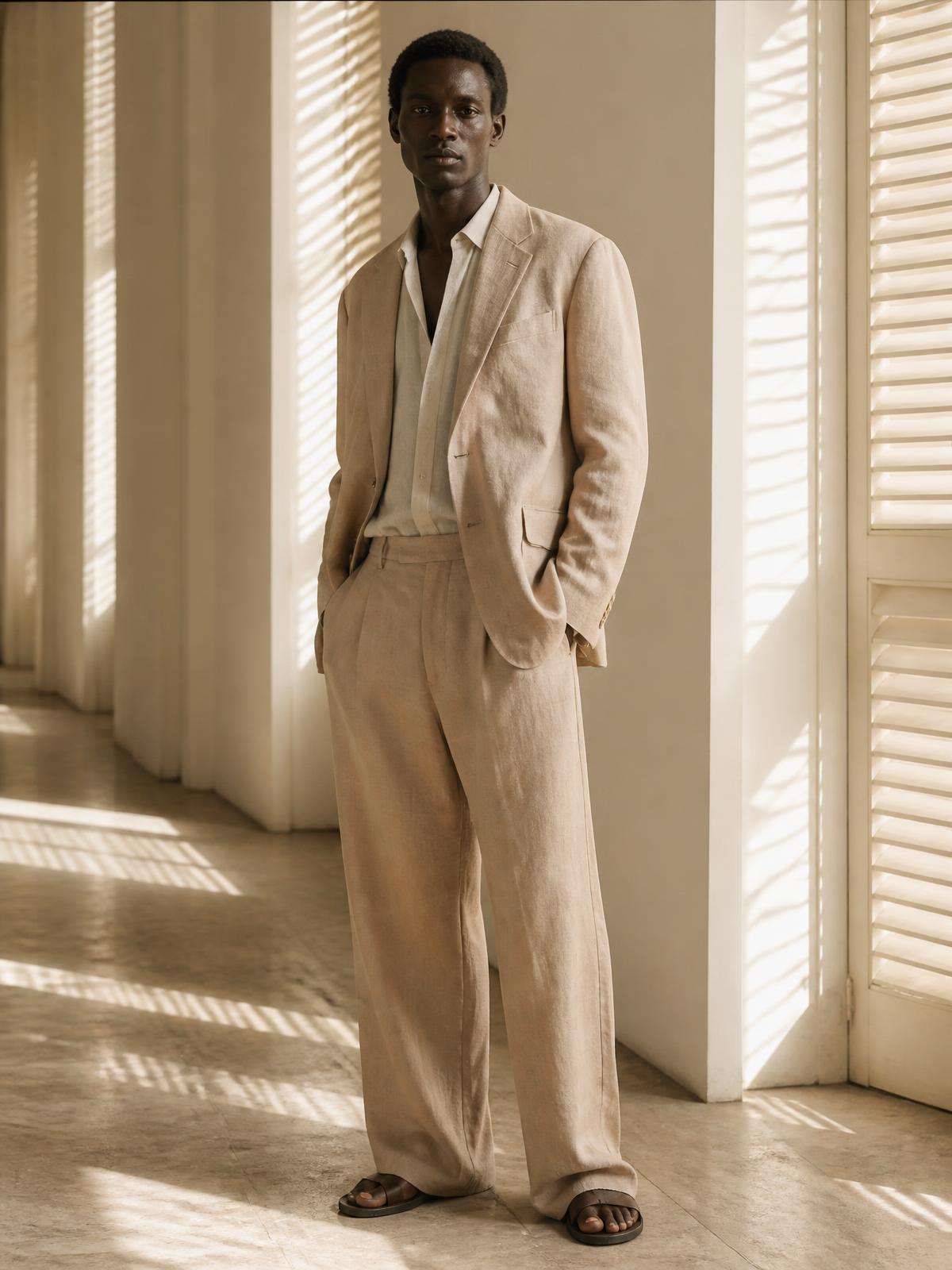 Editorial look two — soft-shouldered linen suit in sand