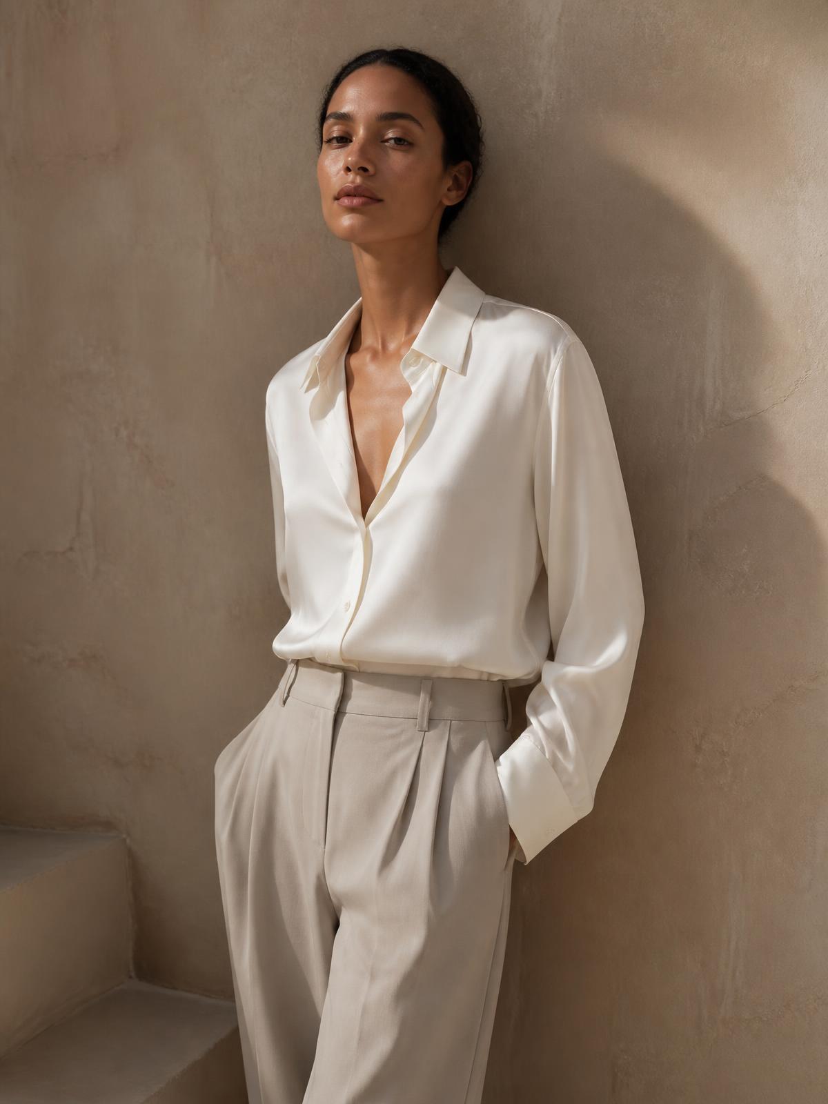 Editorial look one — ivory silk shirt with stone-coloured trousers