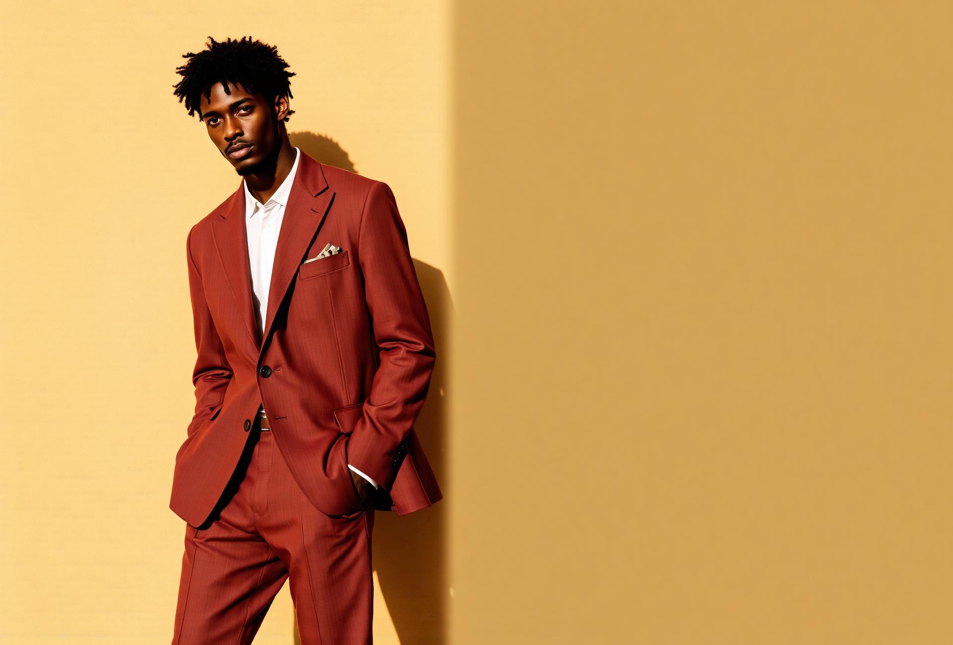 Men's collection — soft-shouldered linen suit in warm terracotta