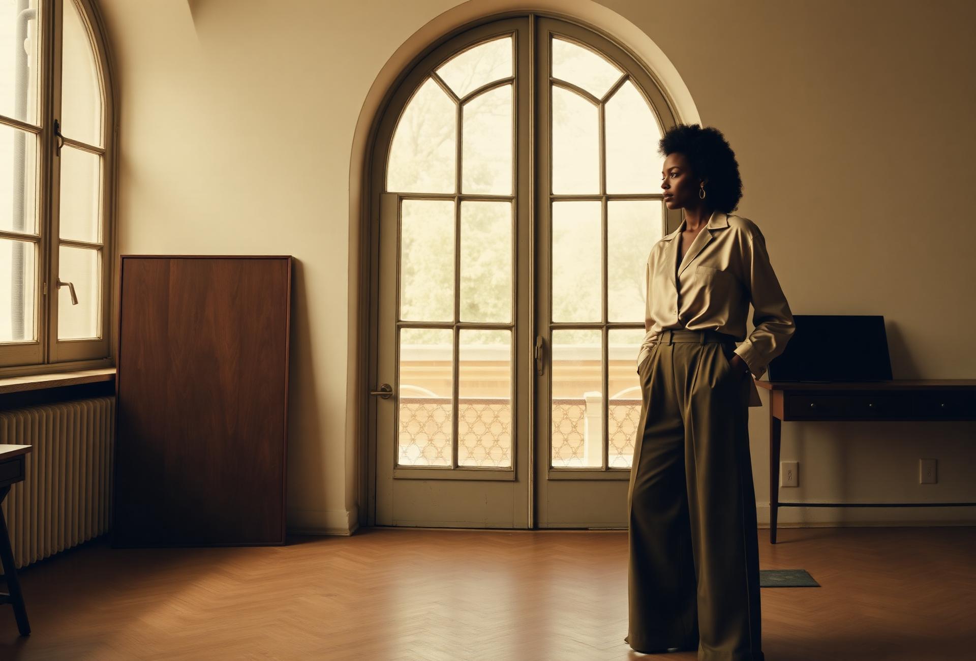 Women's collection — silk blouse and wide olive trousers